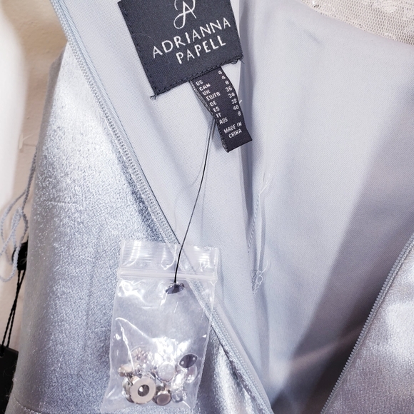 $299 NWT ADRIANNA PAPELL Women's Silver Maxi Dress 4 SMALL Mesh Beaded Ruched - Picture 6 of 12